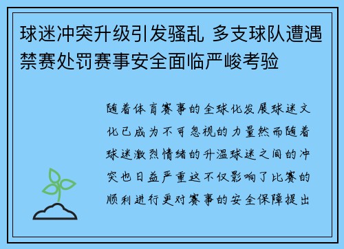 球迷冲突升级引发骚乱 多支球队遭遇禁赛处罚赛事安全面临严峻考验