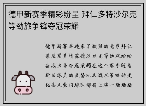 德甲新赛季精彩纷呈 拜仁多特沙尔克等劲旅争锋夺冠荣耀