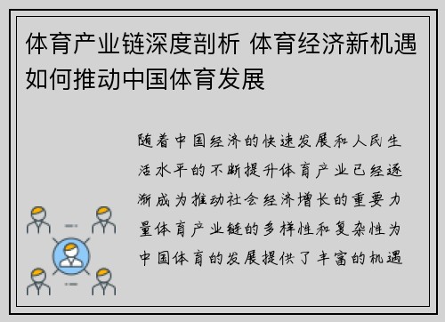 体育产业链深度剖析 体育经济新机遇如何推动中国体育发展